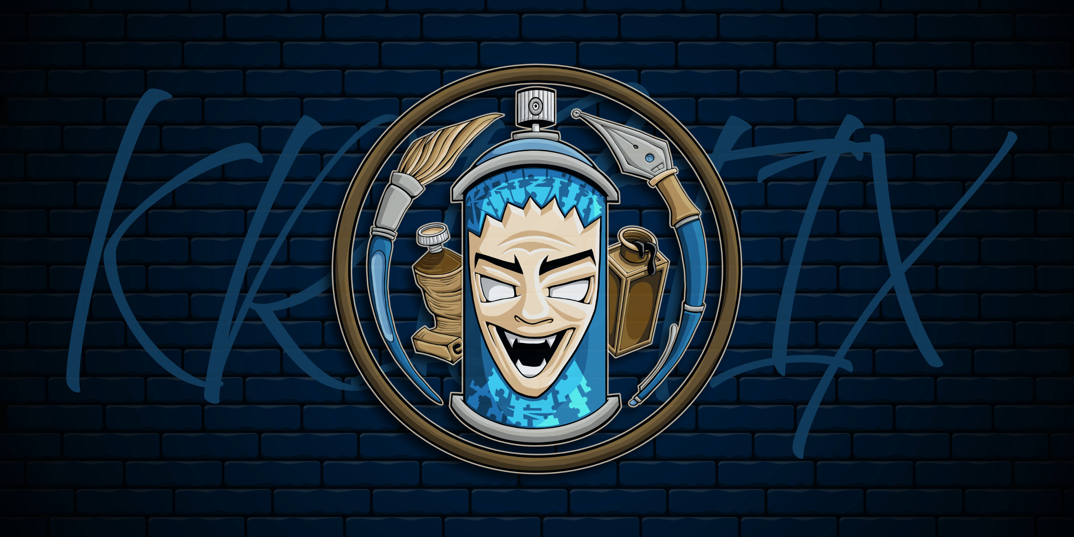 Kriztix Art brand banner featuring the spray can mascot logo with light stroke and drop shadow, transparent graffiti "kriztix" text over navy blue brick pattern